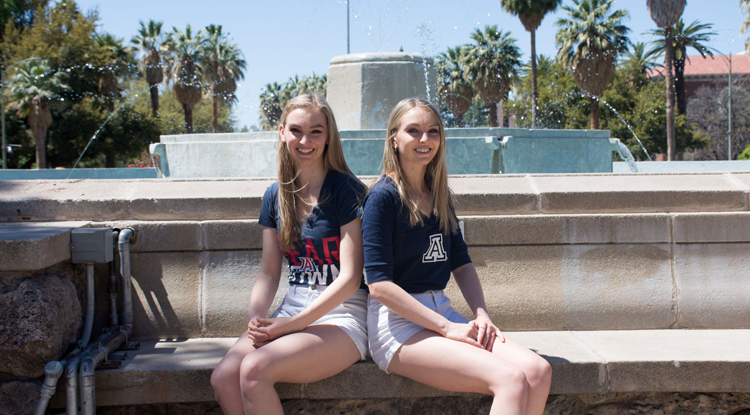 Jepson Sisters in front of Old Main Fountain