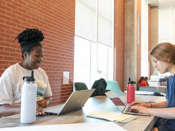two students sittting working on their computers brick background