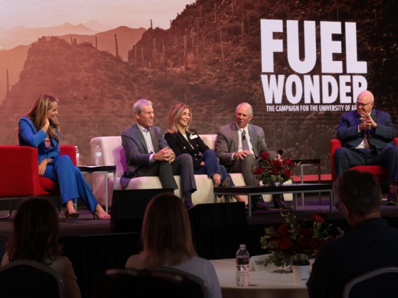 From left: Alex Flanagan, UArizona alumna and media agent, with alumnus and former Macy's, Inc. Chairman and CEO Terry Lundgren, alumna and Steele Foundation President and CEO Marianne Cracchiolo Mago, university President Robert C. Robbins and University of Arizona Foundation President and CEO John-Paul Roczniak at the Fuel Wonder campaign launch in the Bear Down Building on Friday.