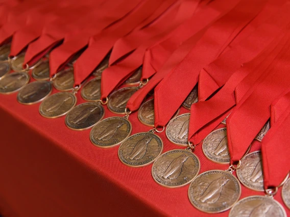 honors medallions with red ribbons