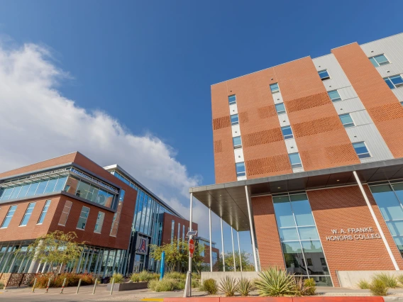 two buildings with blue sky background
