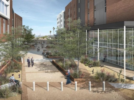 Artist's rendering of Fremont St between new Honors Complex and new Campus recreation center.