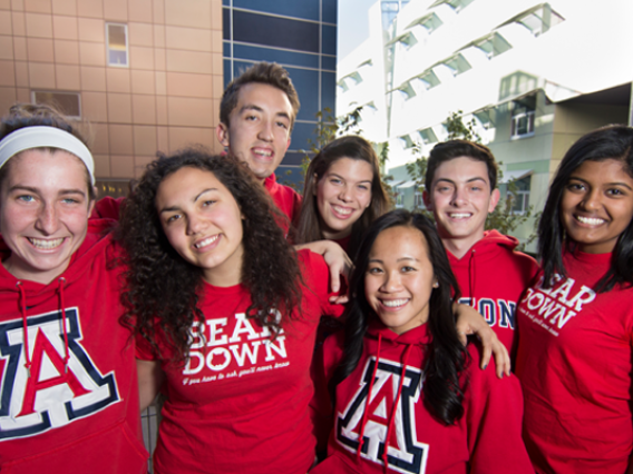 Group of seven Honors College students wearing UA gear.