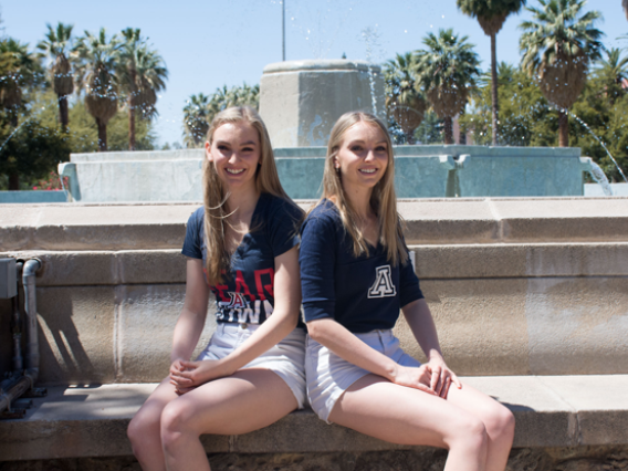 Jepson Sisters in front of Old Main Fountain
