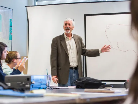 Teacher in front of white board 