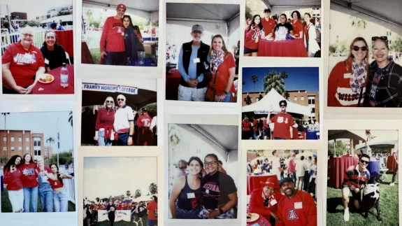polaroid collage of people wearing red and celebrating university of arizona homecoming tailgate