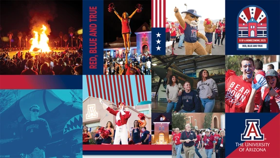Homecoming splash screen with images of bonfire, cheerleaders, wilbur mascot and marching band.
