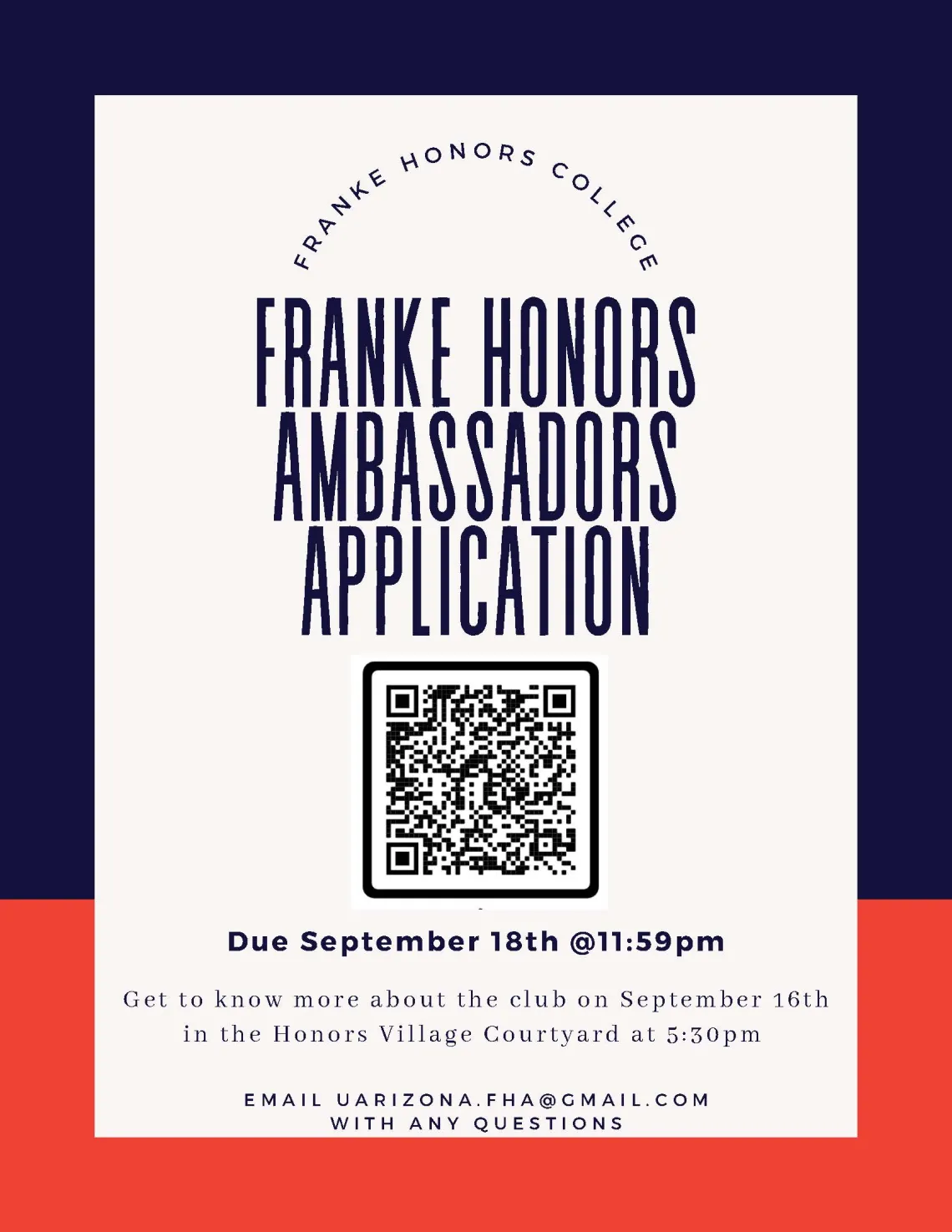 Flyer for FHA event on sept 16 in the honors village courtyard