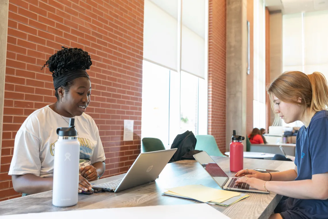 two students sittting working on their computers brick background