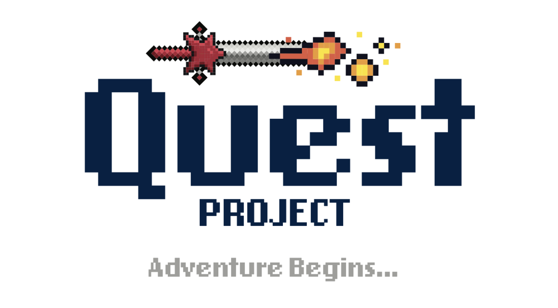 8-bit graphic design saying "Quest Project" and "Adventure begins..." below