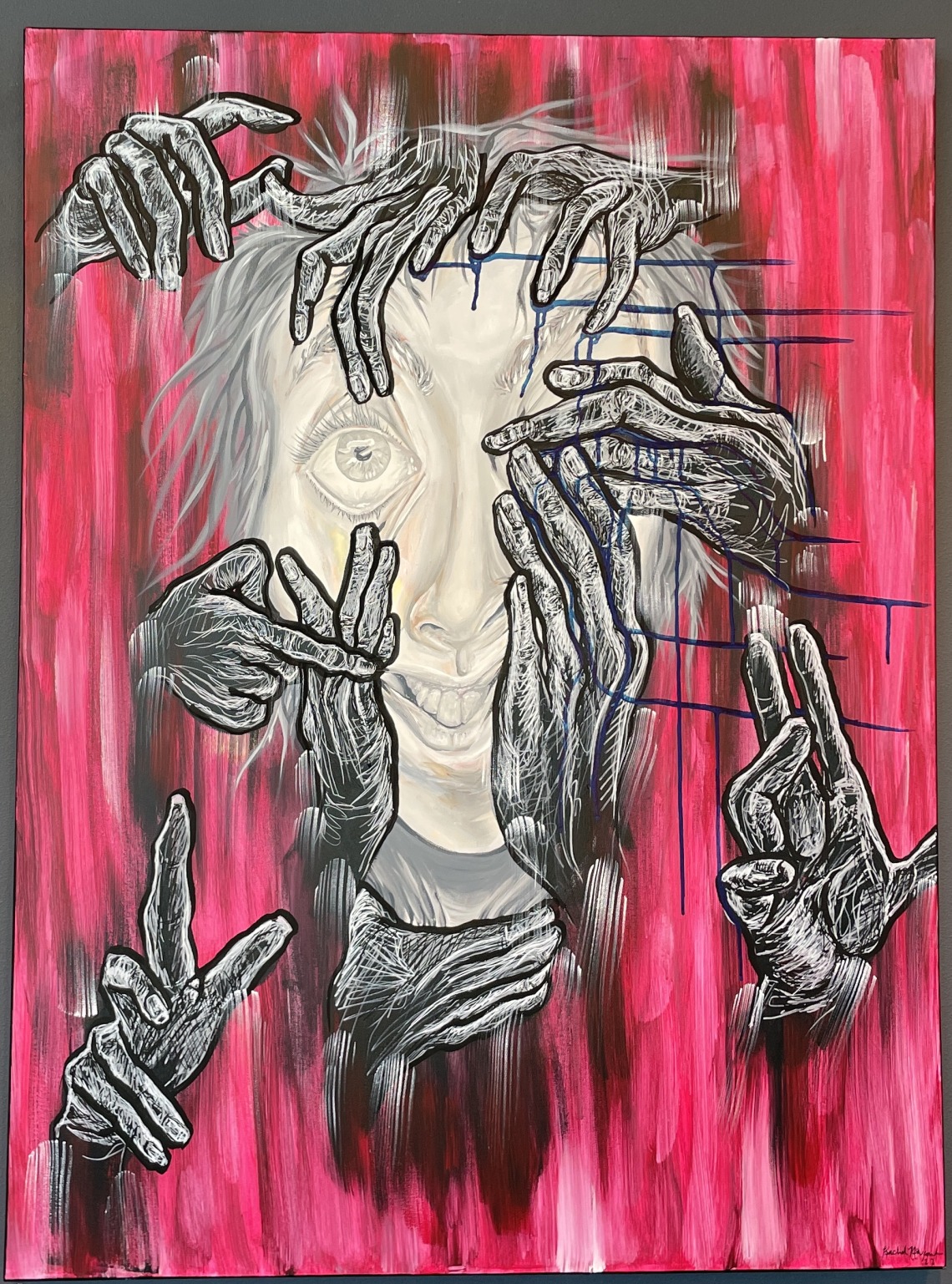 abstract self portrait on canvas with red and black coloring