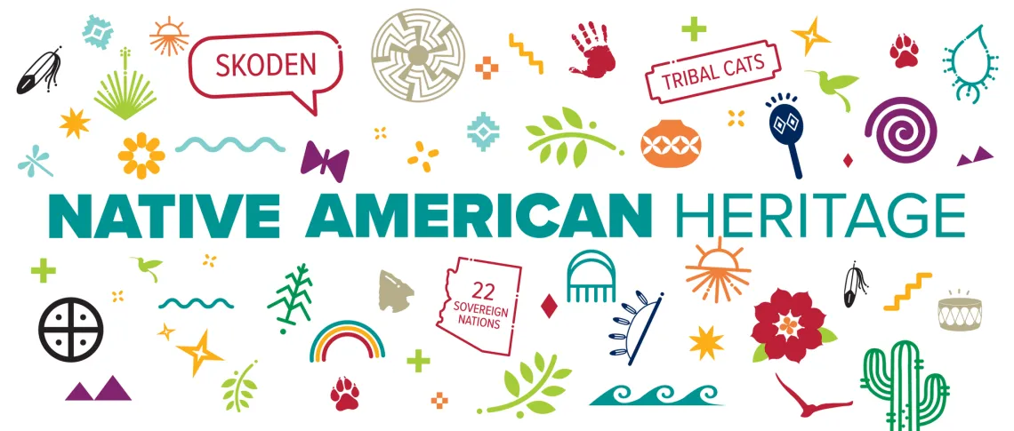 Colorful iconography with the words "Native American Heritage" in blue