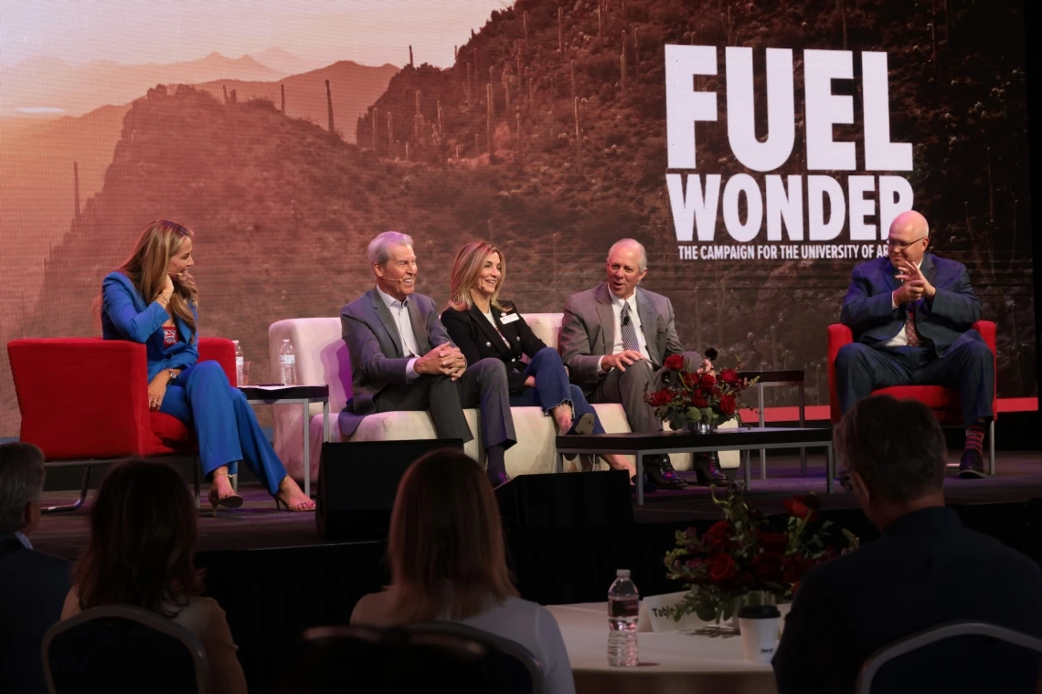 From left: Alex Flanagan, UArizona alumna and media agent, with alumnus and former Macy's, Inc. Chairman and CEO Terry Lundgren, alumna and Steele Foundation President and CEO Marianne Cracchiolo Mago, university President Robert C. Robbins and University of Arizona Foundation President and CEO John-Paul Roczniak at the Fuel Wonder campaign launch in the Bear Down Building on Friday.