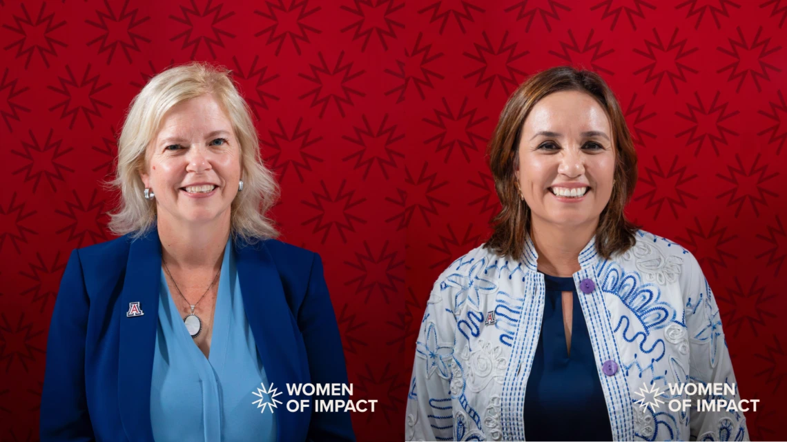 two women with red background, white text in corner reading women of impact