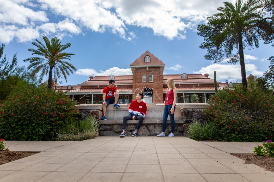 Students at the fountain at Old Main