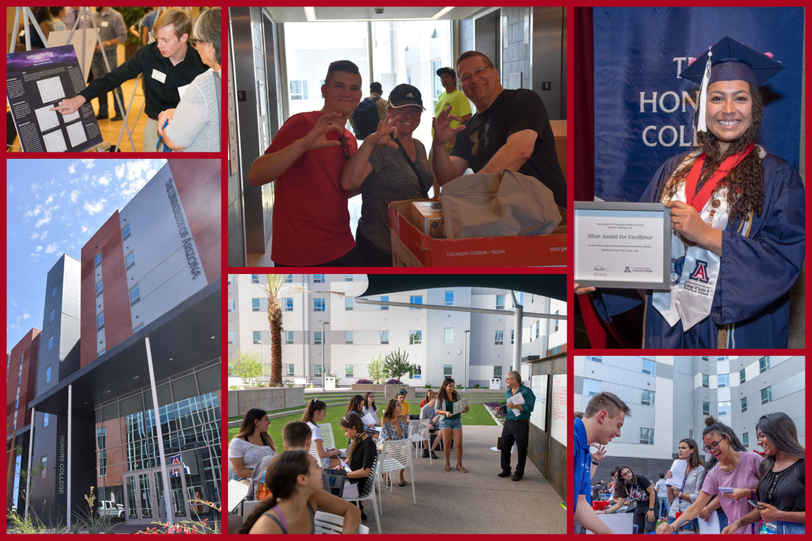 Photo Collage featuring the Honors Village exterior, a graduating student holding a certificate, a student presenting research on a poster, a student social in the Honors Village courtyard, and a class taking place outdoors in the Honors Village courtyard