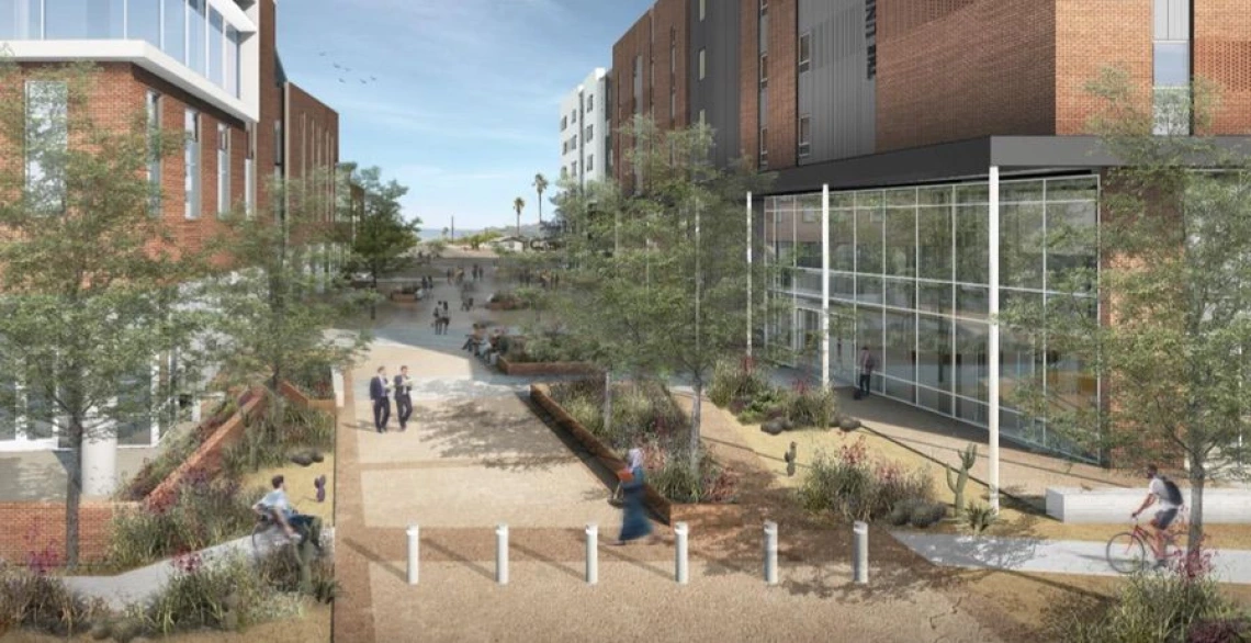 Artist's rendering of Fremont St between new Honors Complex and new Campus recreation center.