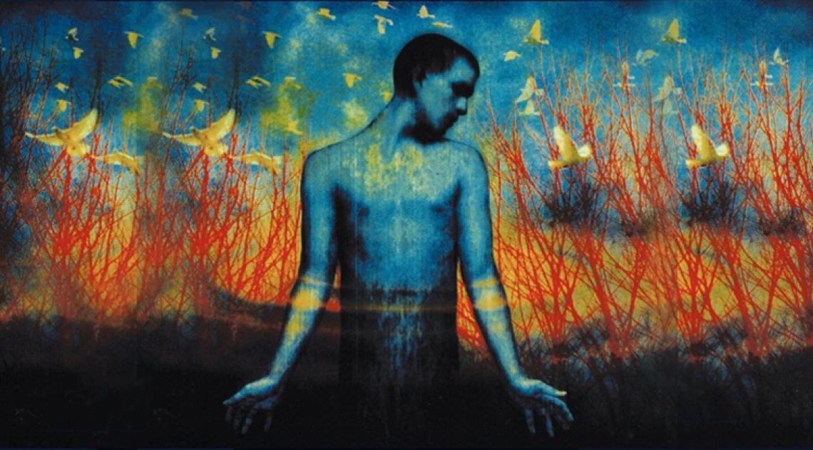 Purgatorio image of man caught between heaven and hell