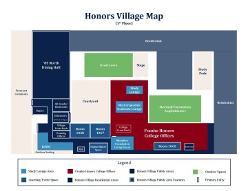 A map of the first floor of the Honors Village