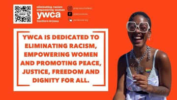 YWCA Advertisement text on orange background with woman smiling