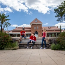 Students at the fountain at Old Main